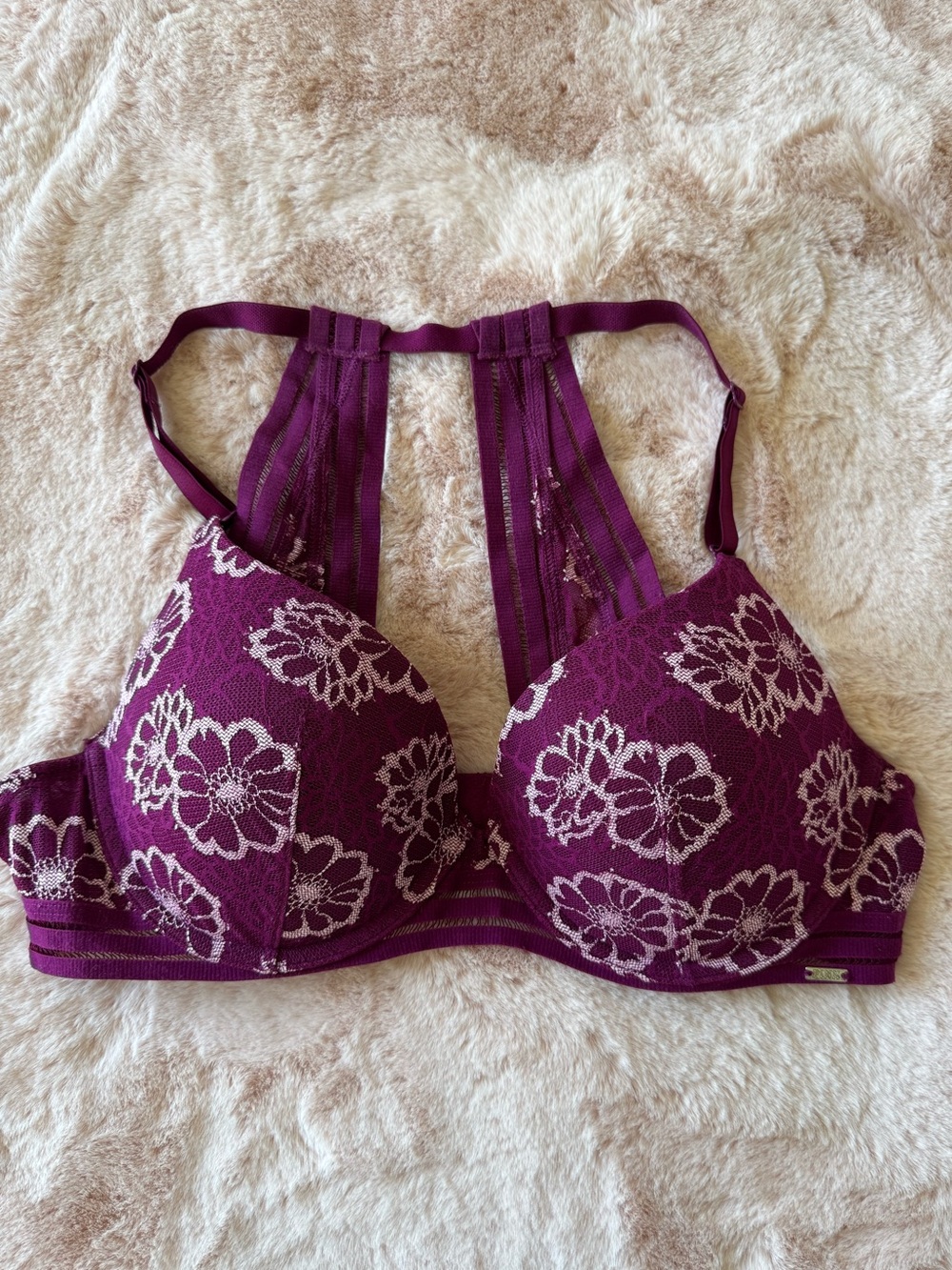 Victoria's Secret PINK Plum Purple Floral Lace Racerback Bra Size 36C